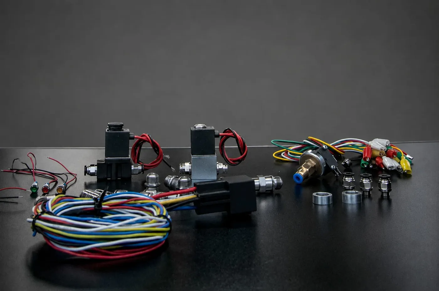 Componenti e cablaggio di controllo dell'impianto Idrometpower su tavolo nero